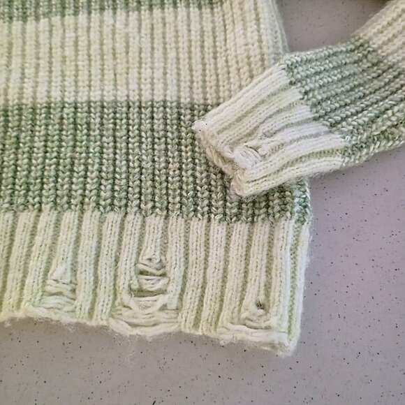Sage & Cream Chunky Striped Knit Sweater – Mock Neck, Distressed Hem (Size M) - Picture 14 of 14